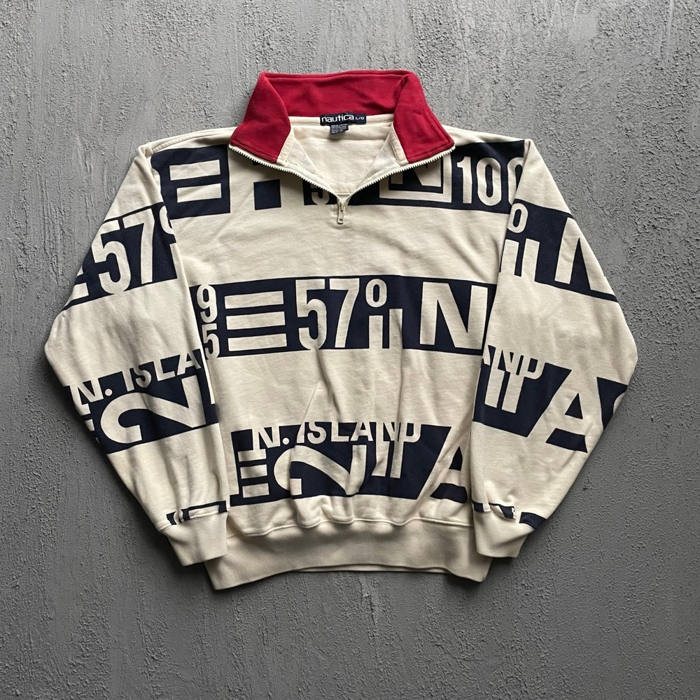 Vintage Nautica All Over Print Quarter Zip Pullover Mens Large Cream 90s